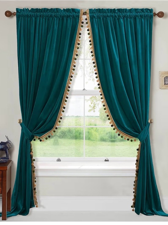 Other - 2 Panels Teal Velvet Window 96 “ Curtains with Gold Trim and Pom-Pom Accents